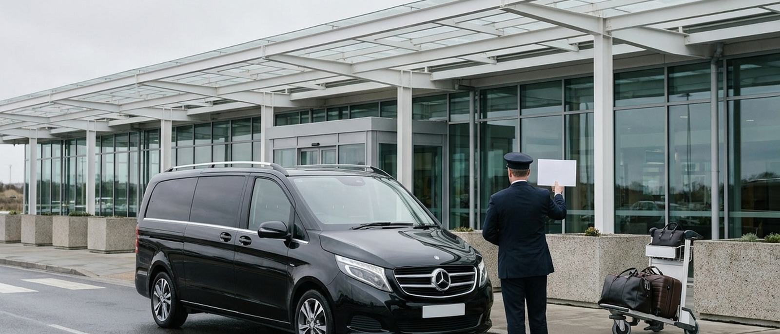 Chauffeur attendant devant un van noir à la sortie d'un terminal d'aéroport régional