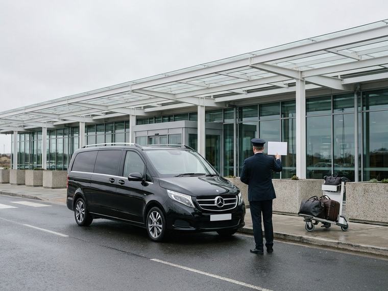 Chauffeur attendant devant un van noir à la sortie d'un terminal d'aéroport régional