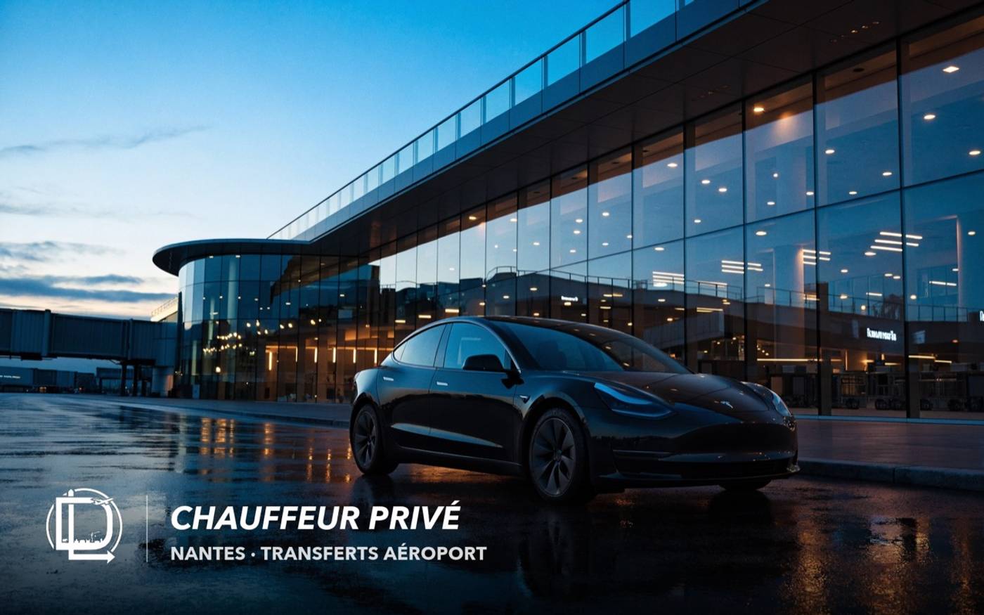 Tesla Model 3 noire devant le terminal de l'aéroport Nantes Atlantique