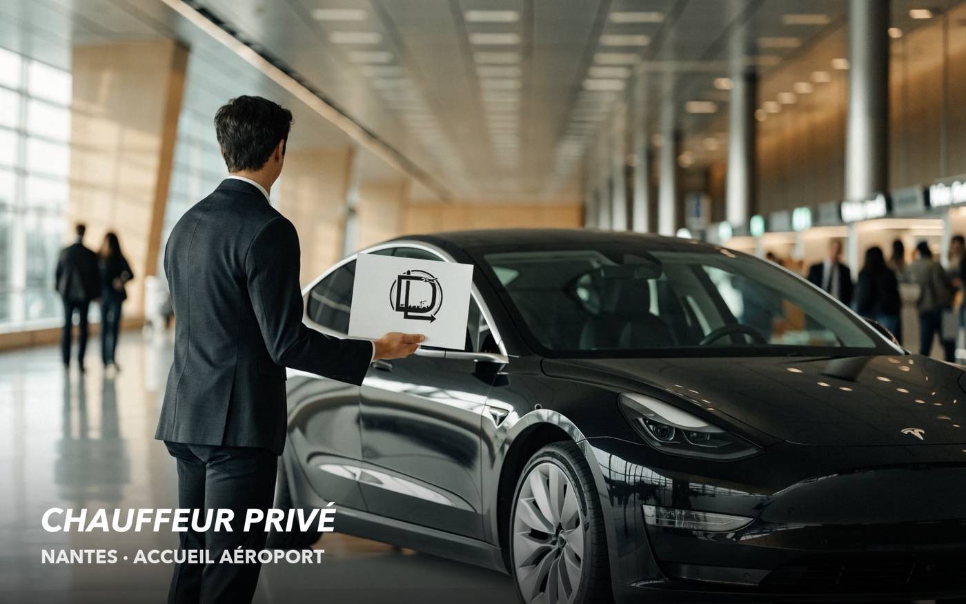 Chauffeur LWL Drive tenant une pancarte d'accueil au logo de la société