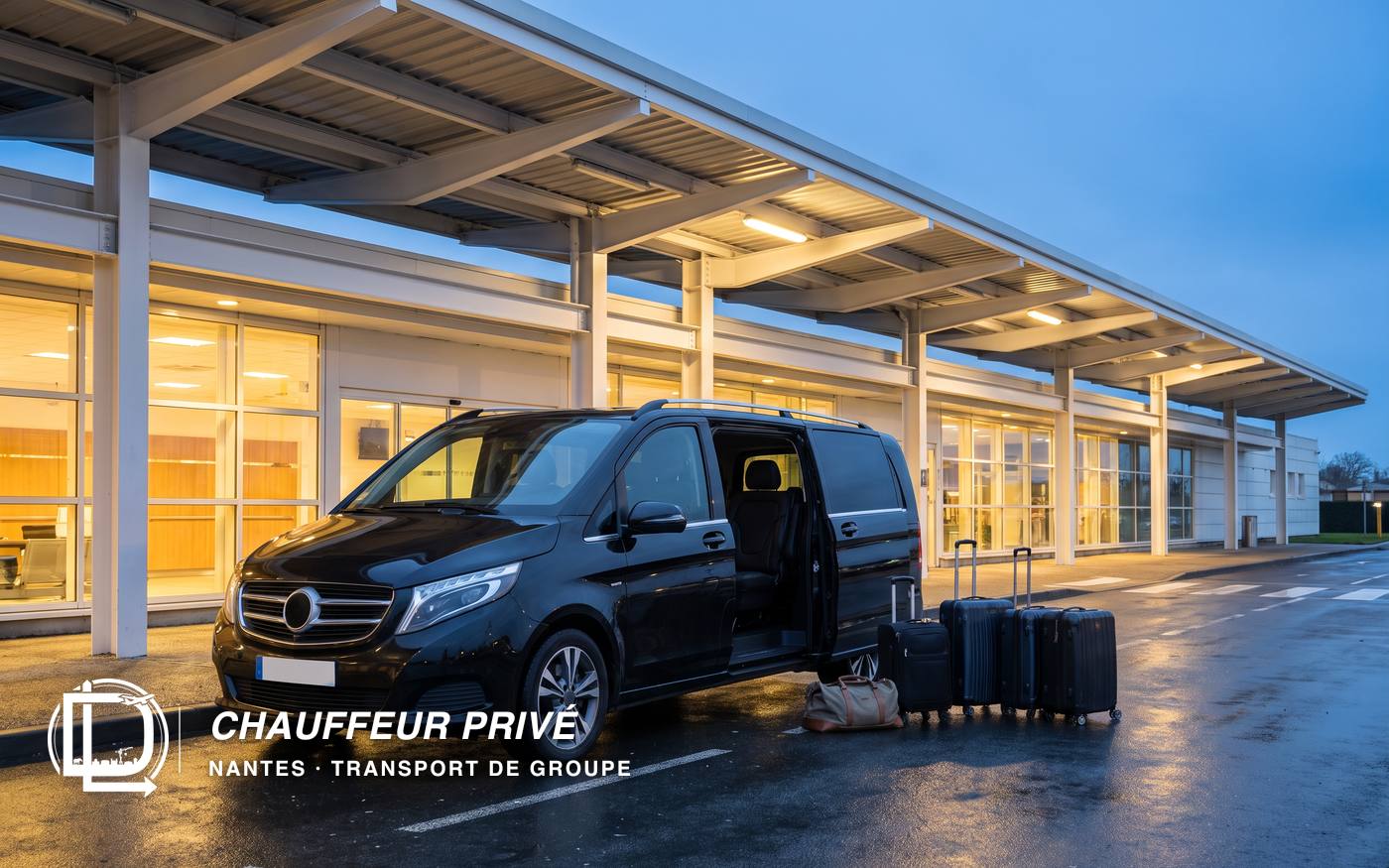 Van Mercedes-Benz Classe V noir portière latérale ouverte devant le terminal départs de l'aéroport de Nantes, valises posées sur le trottoir à l'heure bleue