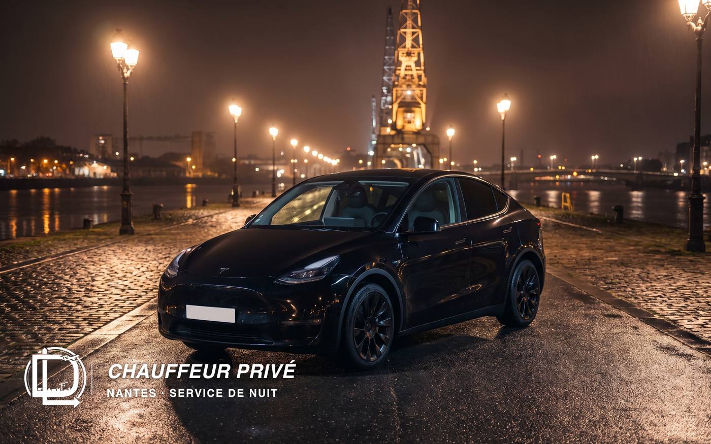 Tesla Model Y noire stationnée la nuit sur un quai de Loire à Nantes, grue illuminée en arrière-plan