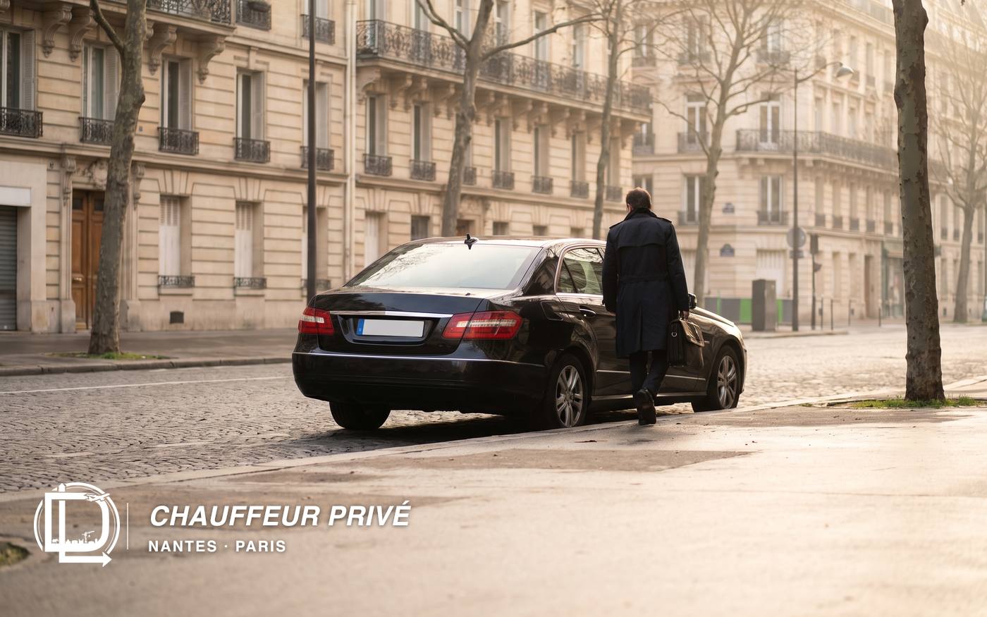 Berline Mercedes-Benz Classe E noire le long d'un boulevard parisien aux immeubles haussmanniens, au petit matin