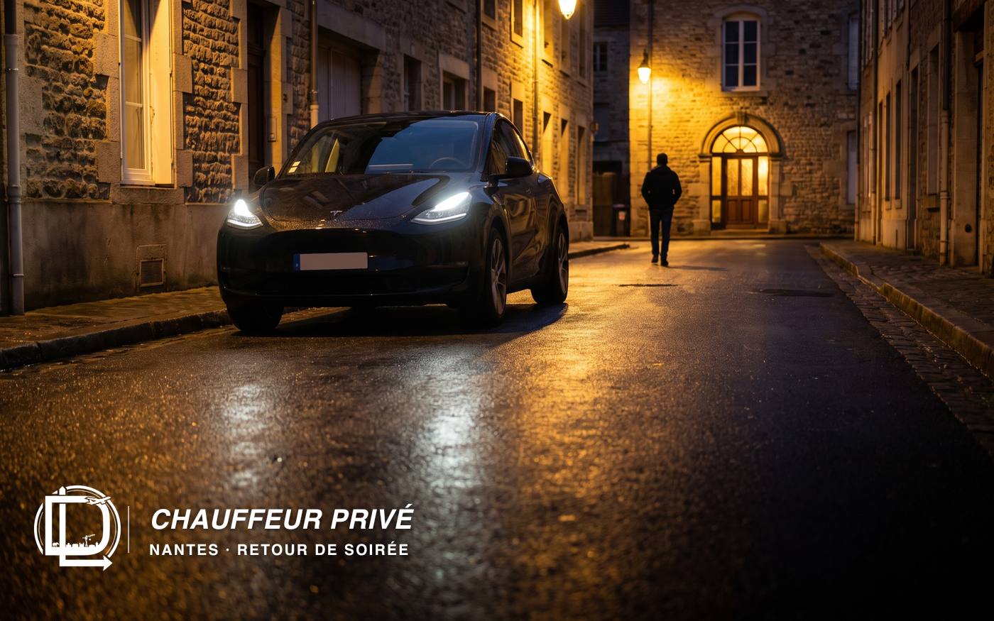 Tesla Model Y noire phares allumés attendant la nuit dans une rue, une personne rejoignant sa porte éclairée