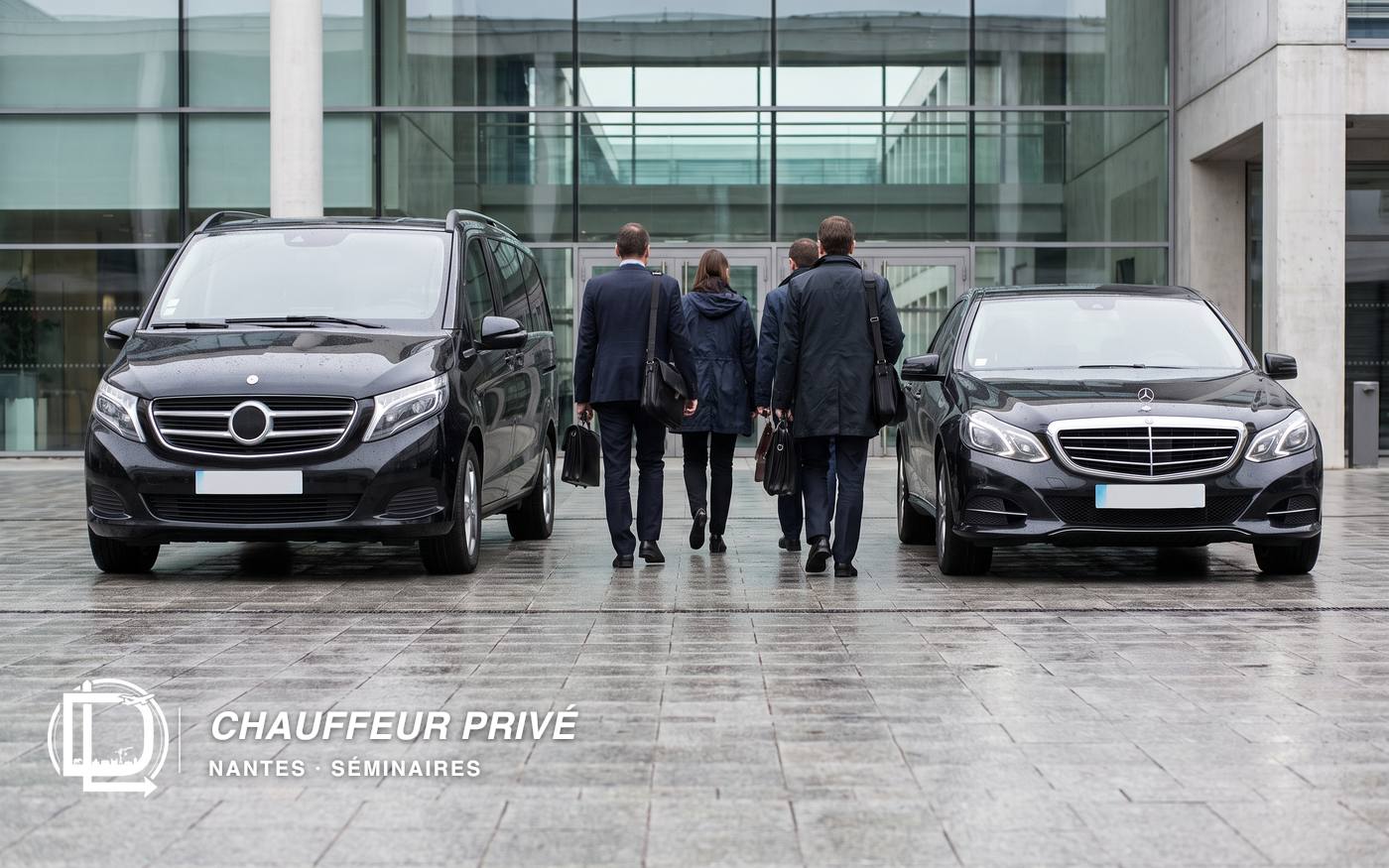 Van Mercedes-Benz Classe V noir et berline noire devant un centre de congrès, participants en costume se dirigeant vers les véhicules