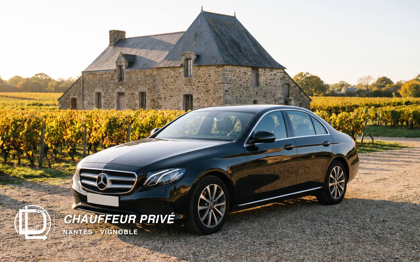 Berline Mercedes-Benz Classe E noire garée devant un domaine viticole en pierre, rangs de vignes dorées en arrière-plan