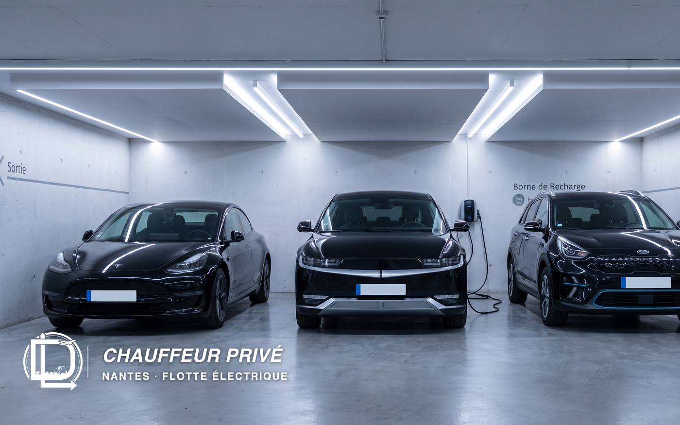Trois véhicules électriques noirs alignés dans un parking souterrain, l'un branché à une borne de recharge