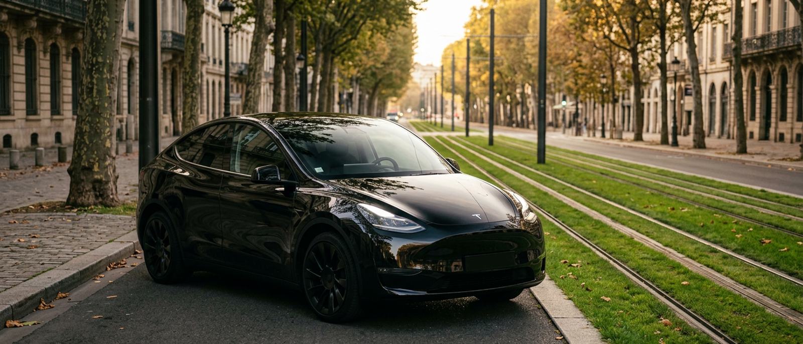 SUV électrique noir avec chauffeur sur une avenue plantée longée par une plateforme de tramway engazonnée