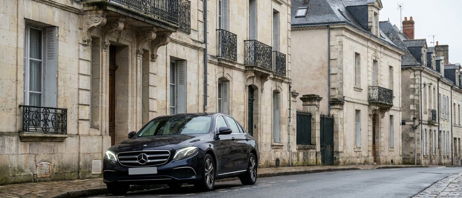 Voiture avec chauffeur devant des façades du dix-huitième siècle en pierre claire à balcons de fer forgé