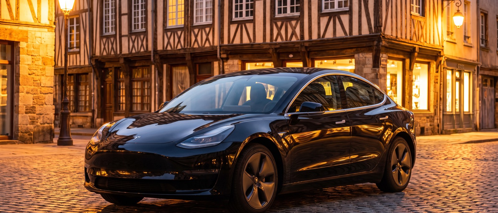 Berline Tesla noire dans une rue du centre de Rennes bordée de maisons à pans de bois, en début de soirée